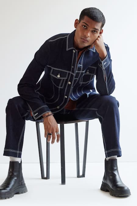 Shop_Countrymade_Blue Cotton Running Stitch Denim Trucker Jacket_Online_at_Aza_Fashions