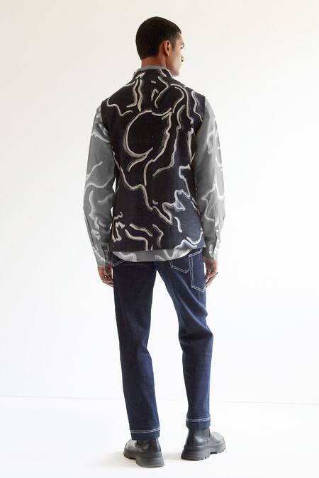 Shop Countrymade Black Cotton Linen Desert Print Bundi at Aza Fashions Shop_Countrymade_Black Cotton Linen Desert Print Bundi_at_Aza_Fashions