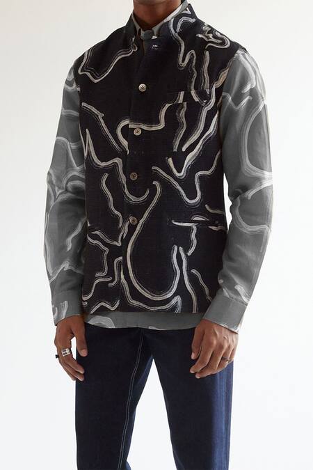 Countrymade Black Cotton Linen Desert Print Bundi Online at Aza Fashions Countrymade_Black Cotton Linen Desert Print Bundi_Online_at_Aza_Fashions