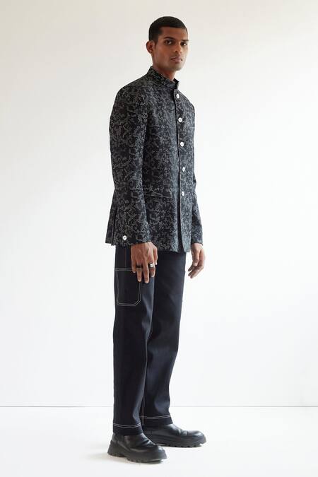 Countrymade_Black Cotton Linen Camo Block Print Bandhgala_Online_at_Aza_Fashions