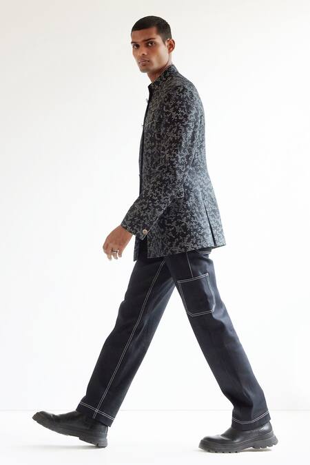 Buy_Countrymade_Black Cotton Linen Camo Block Print Bandhgala_Online_at_Aza_Fashions