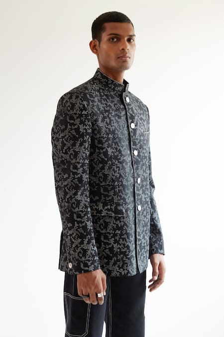 Shop_Countrymade_Black Cotton Linen Camo Block Print Bandhgala_Online_at_Aza_Fashions