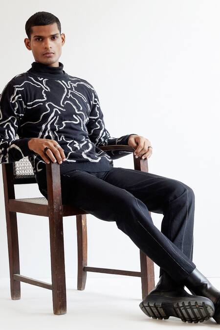 Countrymade_Black 100% Cotton Desert Wave Jacquard Sweater_Online_at_Aza_Fashions