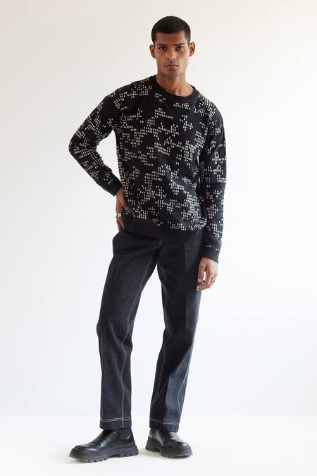 Countrymade Black 100% Cotton Camo Dash Jacquard Sweater