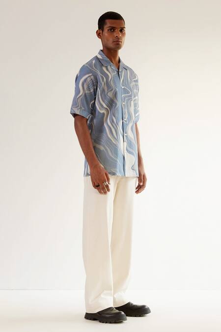 Countrymade_Blue Linen Abstract Print Shirt_Online_at_Aza_Fashions