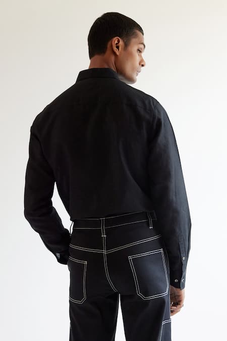 Shop_Countrymade_Black Linen Abstract Asymmetric Yoke Shirt _at_Aza_Fashions