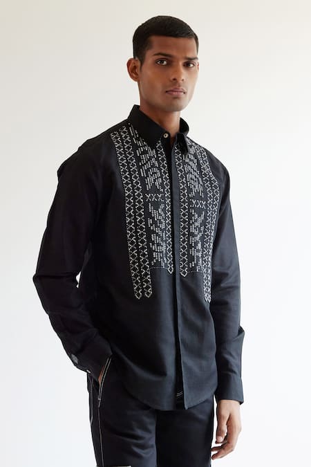 Countrymade_Black Linen Abstract Asymmetric Yoke Shirt _Online_at_Aza_Fashions