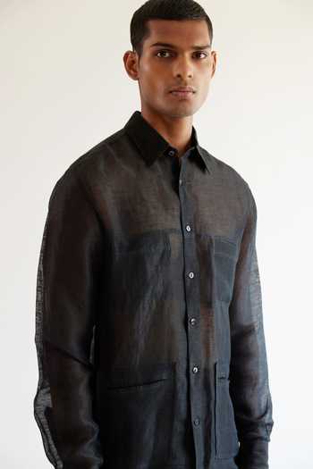 Buy Countrymade Black Linen Sheer Shirt Online at Aza Fashions Buy_Countrymade_Black Linen Sheer Shirt_Online_at_Aza_Fashions