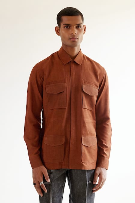 Countrymade_Brown Linen Safari Shirt_Online_at_Aza_Fashions