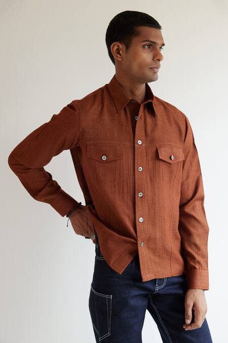 Countrymade_Brown Linen Trucker Shirt_Online_at_Aza_Fashions
