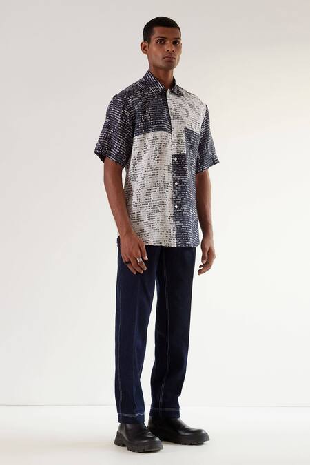 Countrymade Blue Linen Camo-block Patch Shirt