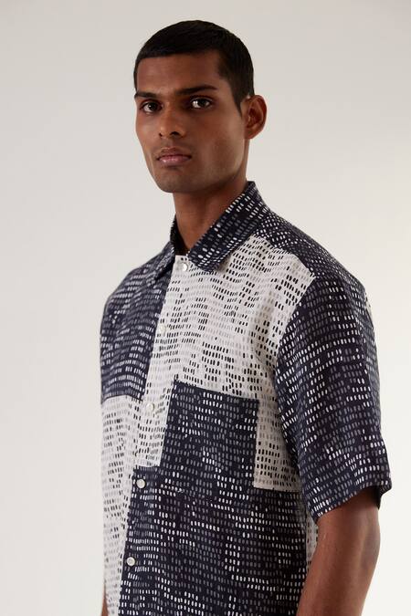 Shop_Countrymade_Blue Linen Camo-block Patch Shirt_Online_at_Aza_Fashions