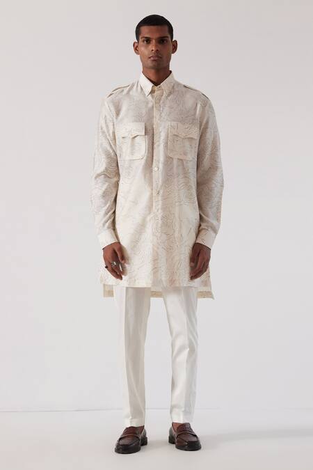 Countrymade_Ivory Satin Chanderi Abstract Print Kurta_Online_at_Aza_Fashions
