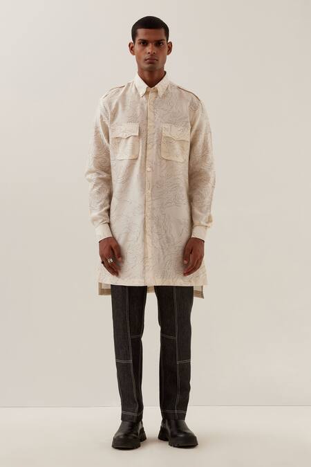 Buy_Countrymade_Ivory Satin Chanderi Abstract Print Kurta_Online_at_Aza_Fashions