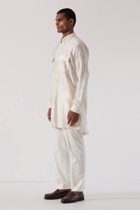 Shop_Countrymade_Ivory Satin Chanderi Abstract Print Kurta_Online_at_Aza_Fashions