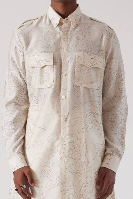 Countrymade_Ivory Satin Chanderi Abstract Print Kurta_at_Aza_Fashions