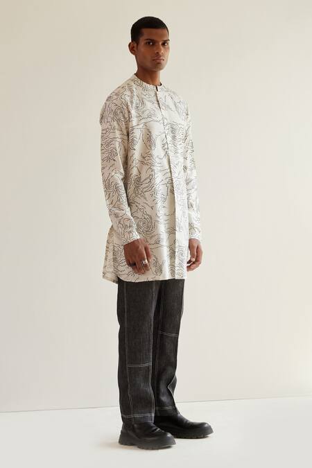 Countrymade_Cream Satin Chanderi Abstract Print Kurta_Online_at_Aza_Fashions
