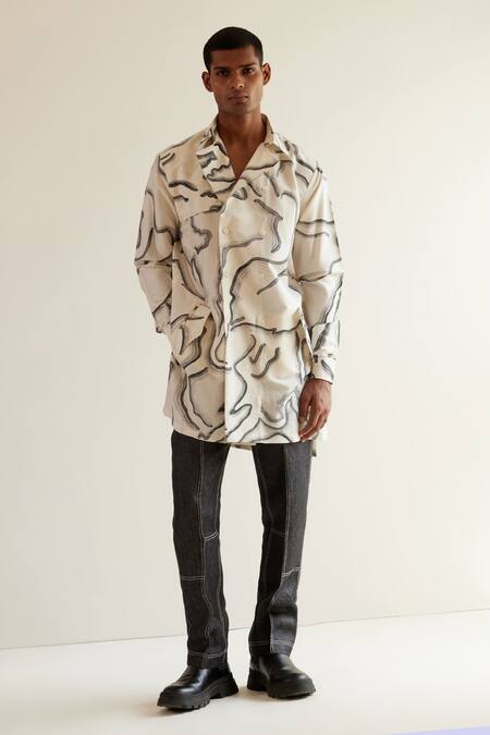 Countrymade_Cream Cotton Silk Desert Print Trench Kurta_Online_at_Aza_Fashions