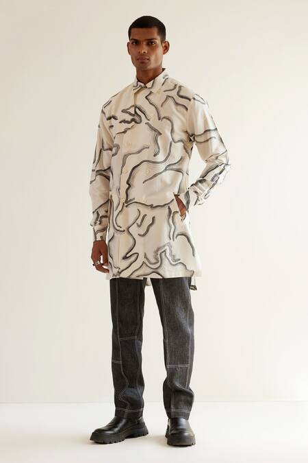 Buy_Countrymade_Cream Cotton Silk Desert Print Trench Kurta_Online_at_Aza_Fashions