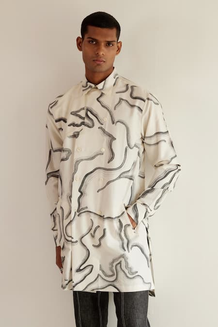 Shop_Countrymade_Cream Cotton Silk Desert Print Trench Kurta_Online_at_Aza_Fashions