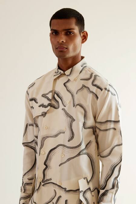 Countrymade_Cream Cotton Silk Desert Print Trench Kurta_at_Aza_Fashions