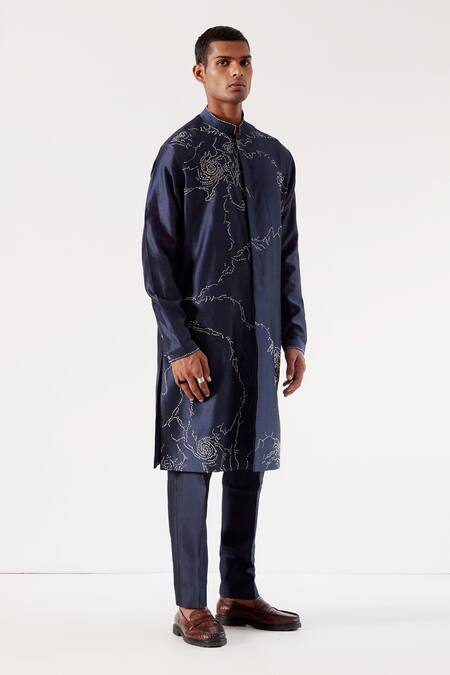 Countrymade Blue Chanderi Abstract Embroidered Kurta And Pant Set Online at Aza Fashions Countrymade_Blue Chanderi Abstract Embroidered Kurta And Pant Set_Online_at_Aza_Fashions