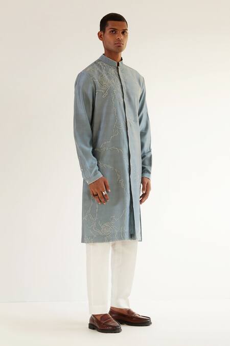 Countrymade_Blue Chanderi Abstract Embroidered Kurta And Pant Set_Online_at_Aza_Fashions