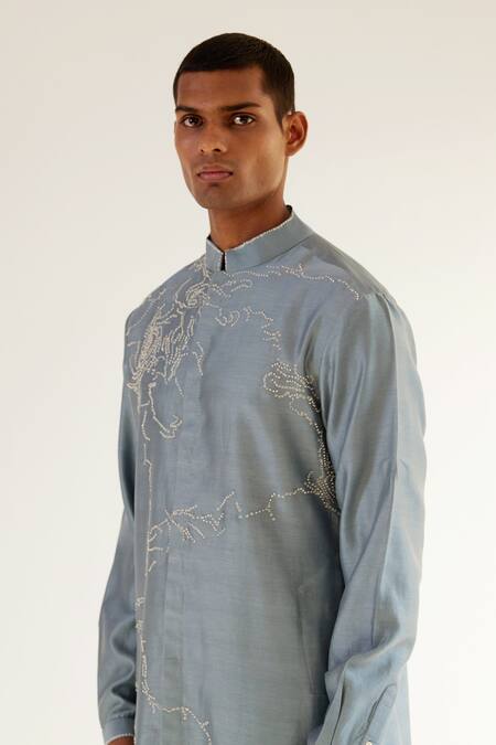 Buy_Countrymade_Blue Chanderi Abstract Embroidered Kurta And Pant Set_Online_at_Aza_Fashions