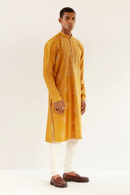 Countrymade_Yellow Chanderi Abstract Camo V Notch Embroidered Kurta And Churidar Set_Online_at_Aza_Fashions