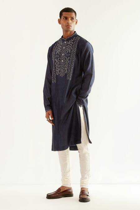 Buy_Countrymade_Blue Chanderi Afghani Embroidery Camo Kurta And Churidar Set_Online_at_Aza_Fashions