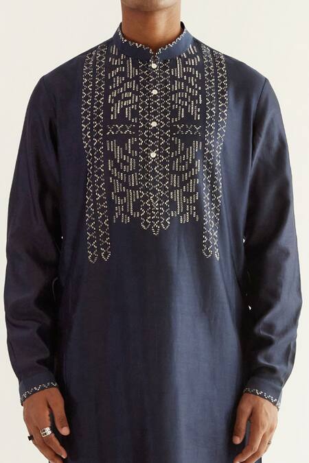 Shop_Countrymade_Blue Chanderi Afghani Embroidery Camo Kurta And Churidar Set_Online_at_Aza_Fashions