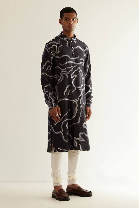 Countrymade_Blue Silk Desert Print Kurta Set_Online_at_Aza_Fashions