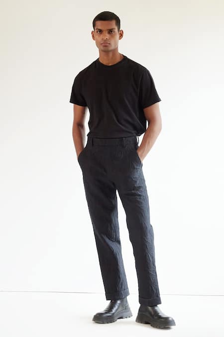 straight fit trousers men black in cotton - GR10K - d — 2