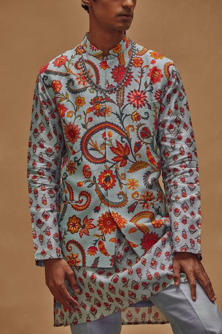 Shop Drishti & Zahabia Blue Kurta And Bundi Dupion , Lining Cotton, Pant Chanderi Print Set at Aza Fashions Shop_Drishti & Zahabia_Blue Kurta And Bundi Dupion , Lining Cotton, Pant Chanderi Print Set_at_Aza_Fashions