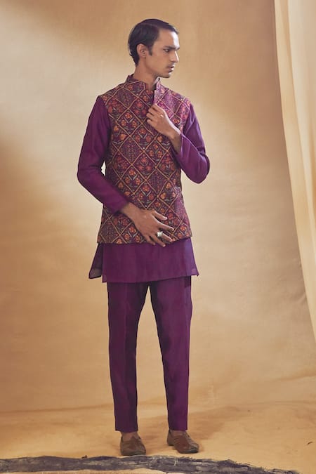 Drishti & Zahabia Purple Bundi Dupion Silk Digital Print Floral Jaal Motif And Kurta Set 