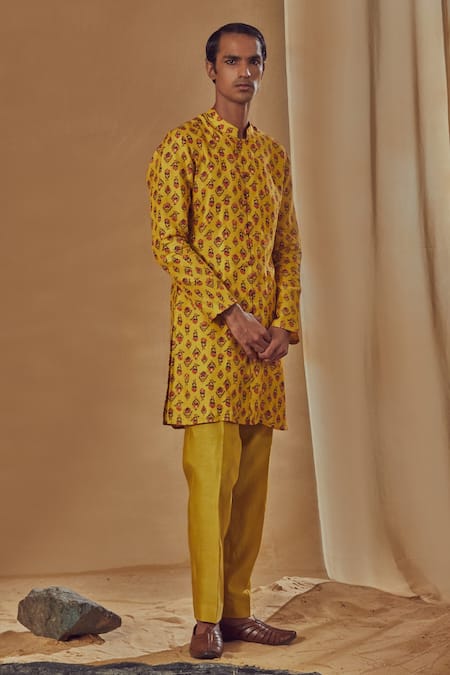 Drishti & Zahabia Yellow Kurta Dupion Silk Digital Print Floral Motif And Pant Set