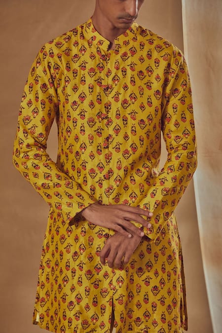 Drishti & Zahabia_Yellow Kurta Dupion , Lining Cotton, Pant Chanderi Print And Set _Online_at_Aza_Fashions