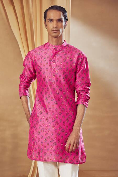 Drishti & Zahabia_Fuchsia Kurta Dupion , Lining Cotton, Pant Chanderi Print And Set_Online_at_Aza_Fashions