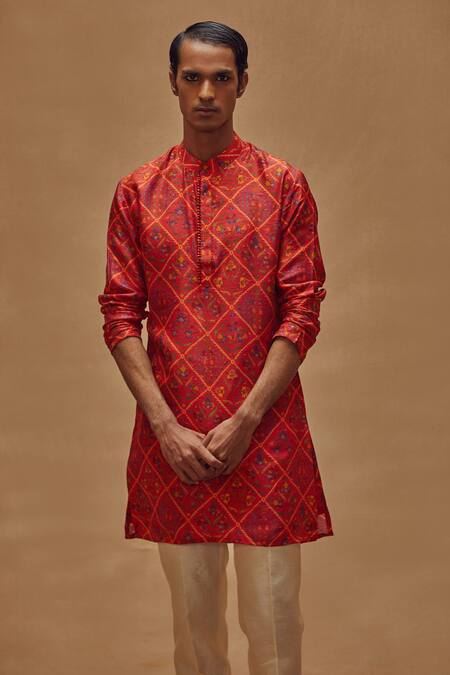 Shop Drishti & Zahabia Red Kurta Dupion , Lining Cotton, Pant Chanderi Floral Print And Set at Aza Fashions Shop_Drishti & Zahabia_Red Kurta Dupion , Lining Cotton, Pant Chanderi Floral Print And Set_at_Aza_Fashions