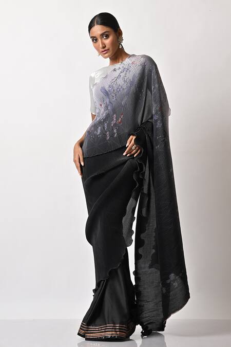 Kiran Uttam Ghosh_Black Pleated Polyester Mix And Embroidery Parsi Gada Saree  _Online_at_Aza_Fashions