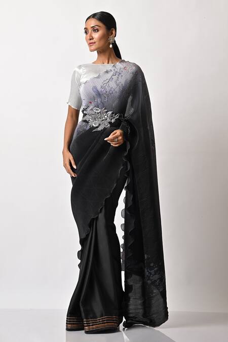 Buy_Kiran Uttam Ghosh_Black Pleated Polyester Mix And Embroidery Parsi Gada Saree  _Online_at_Aza_Fashions