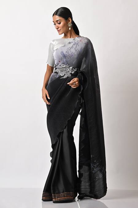 Shop_Kiran Uttam Ghosh_Black Pleated Polyester Mix And Embroidery Parsi Gada Saree  _Online_at_Aza_Fashions