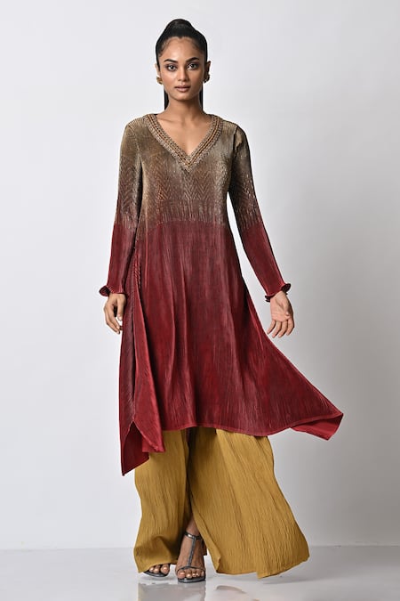 Kiran Uttam Ghosh Red Pleated Polyester Mix Embroidery V Neck Ombre Kaftan  