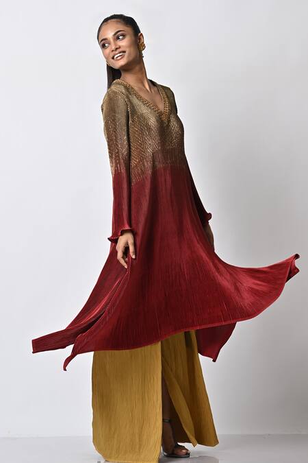 Kiran Uttam Ghosh_Red Pleated Polyester Mix Embroidery V Neck Ombre Kaftan  _Online_at_Aza_Fashions