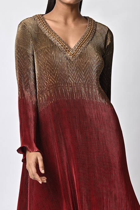 Kiran Uttam Ghosh Red Pleated Polyester Mix Embroidery V Neck Ombre Kaftan at Aza Fashions Kiran Uttam Ghosh_Red Pleated Polyester Mix Embroidery V Neck Ombre Kaftan _at_Aza_Fashions