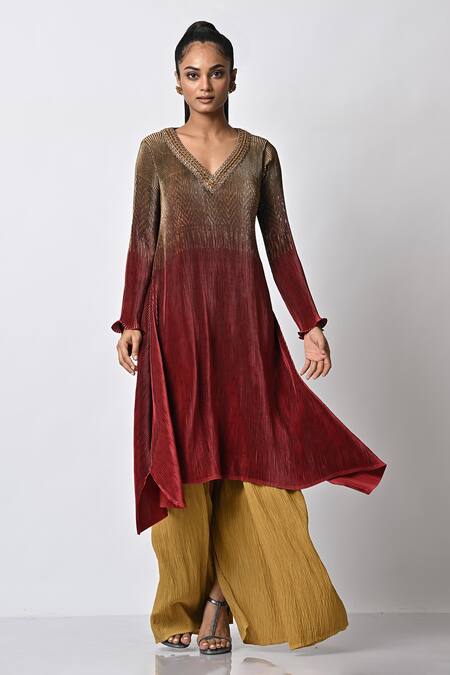 Shop_Kiran Uttam Ghosh_Yellow Pleated Polyester Mix Wide Leg Trousers  _Online_at_Aza_Fashions