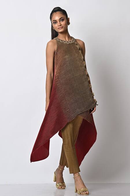 Kiran Uttam Ghosh_Red Pleated Polyester Mix Round Wrap Style Tunic _Online_at_Aza_Fashions