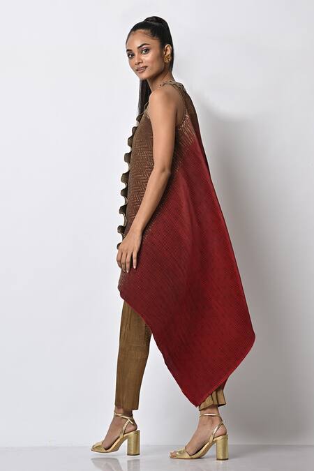 Buy_Kiran Uttam Ghosh_Red Pleated Polyester Mix Round Wrap Style Tunic _Online_at_Aza_Fashions