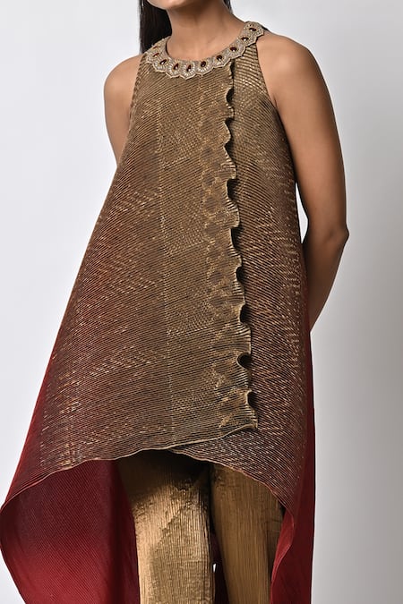 Shop Kiran Uttam Ghosh Red Pleated Polyester Mix Round Wrap Style Tunic Online at Aza Fashions Shop_Kiran Uttam Ghosh_Red Pleated Polyester Mix Round Wrap Style Tunic _Online_at_Aza_Fashions