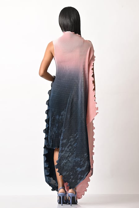 Shop_Kiran Uttam Ghosh_Blue Pleated Polyester Mix Parsi Gada Print One Shoulder Drape Dress _at_Aza_Fashions